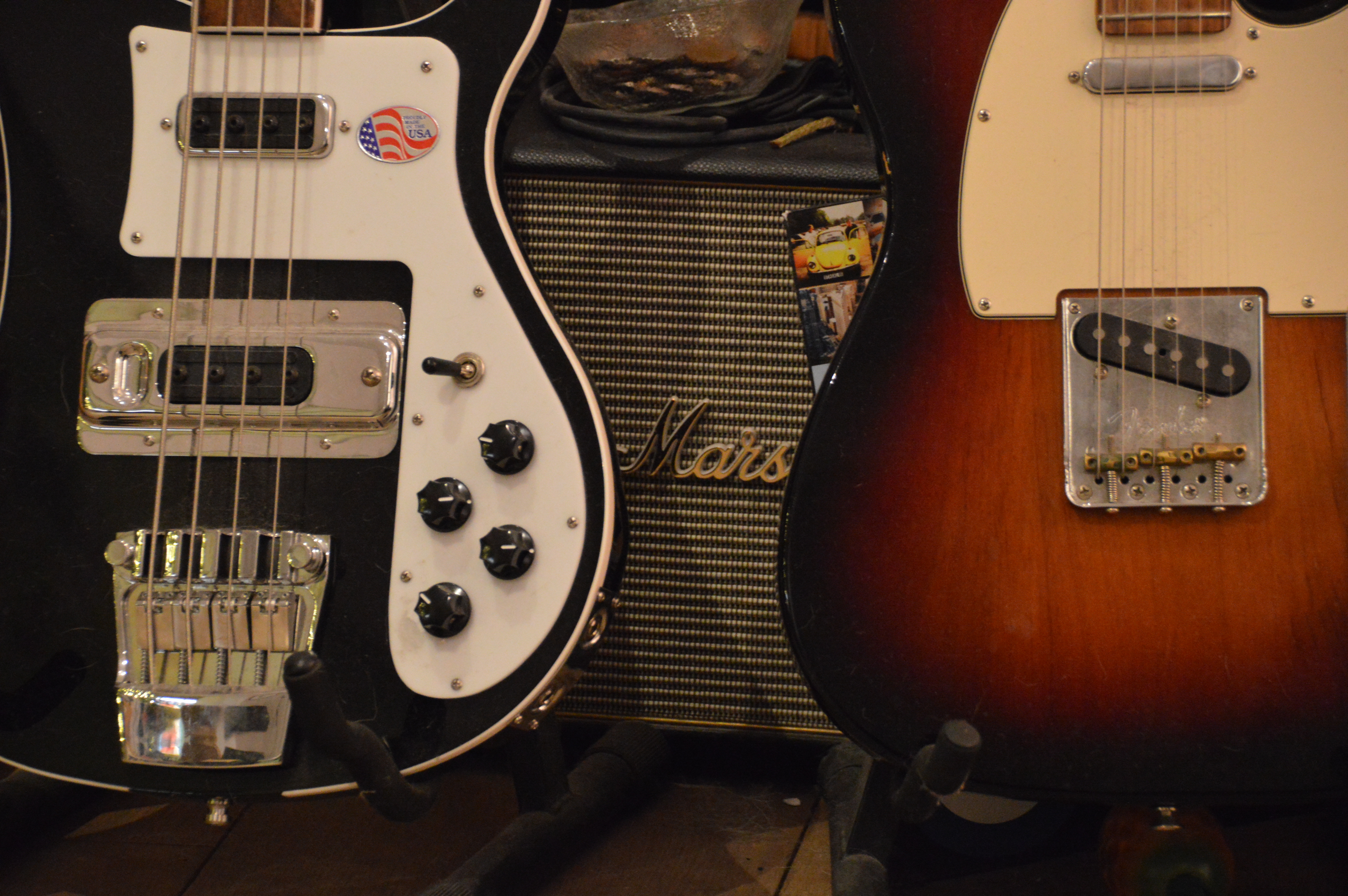 Rickenbacker bass and Telecaster with Marshall amp